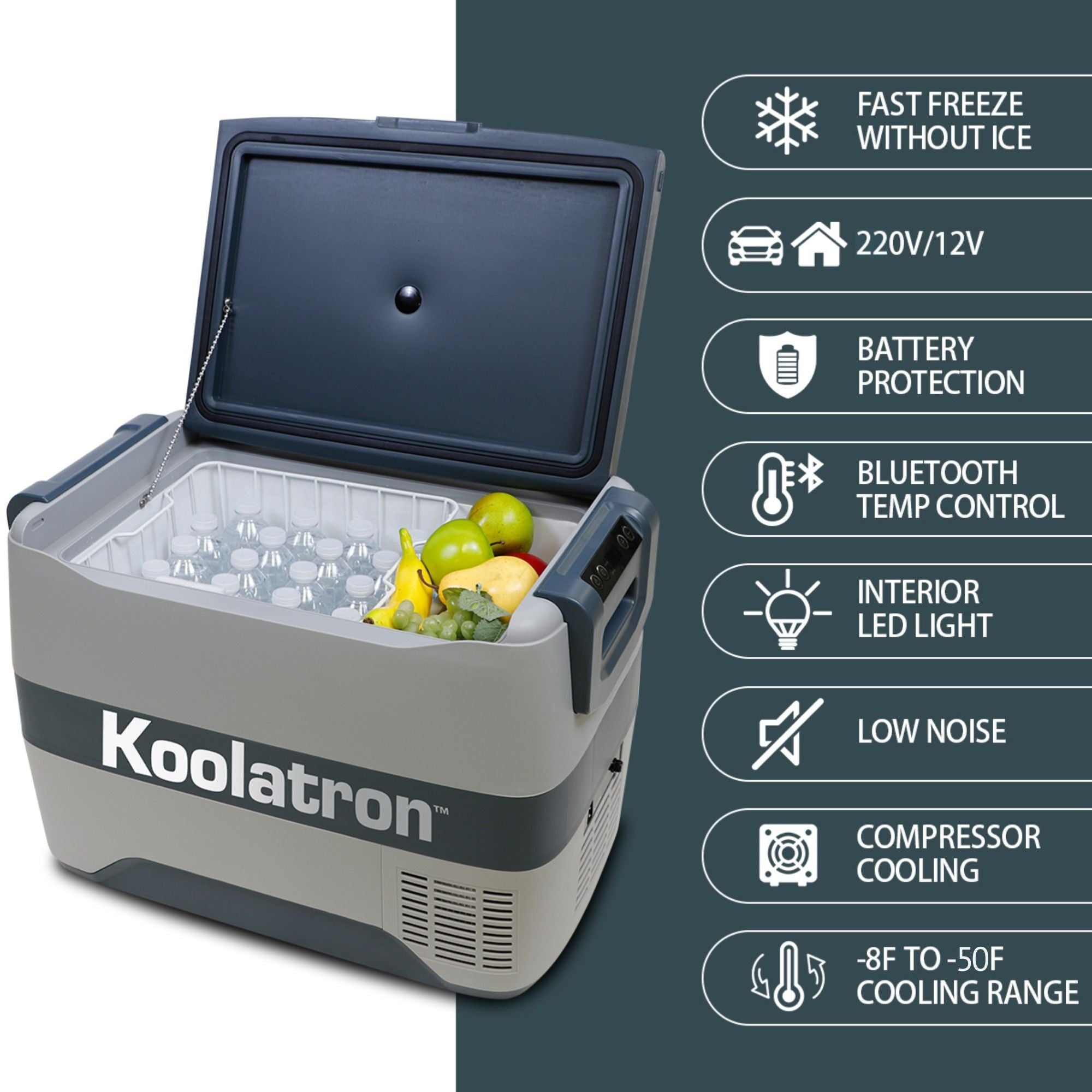 Product shot of 12V portable fridge, open and filled with water bottles, on a white background with features listed to the right: Fast freeze without ice; 220V/12V; battery protection; Bluetooth temp control; interior LED light; low noise; compressor cooling; -8F to -50F cooling range