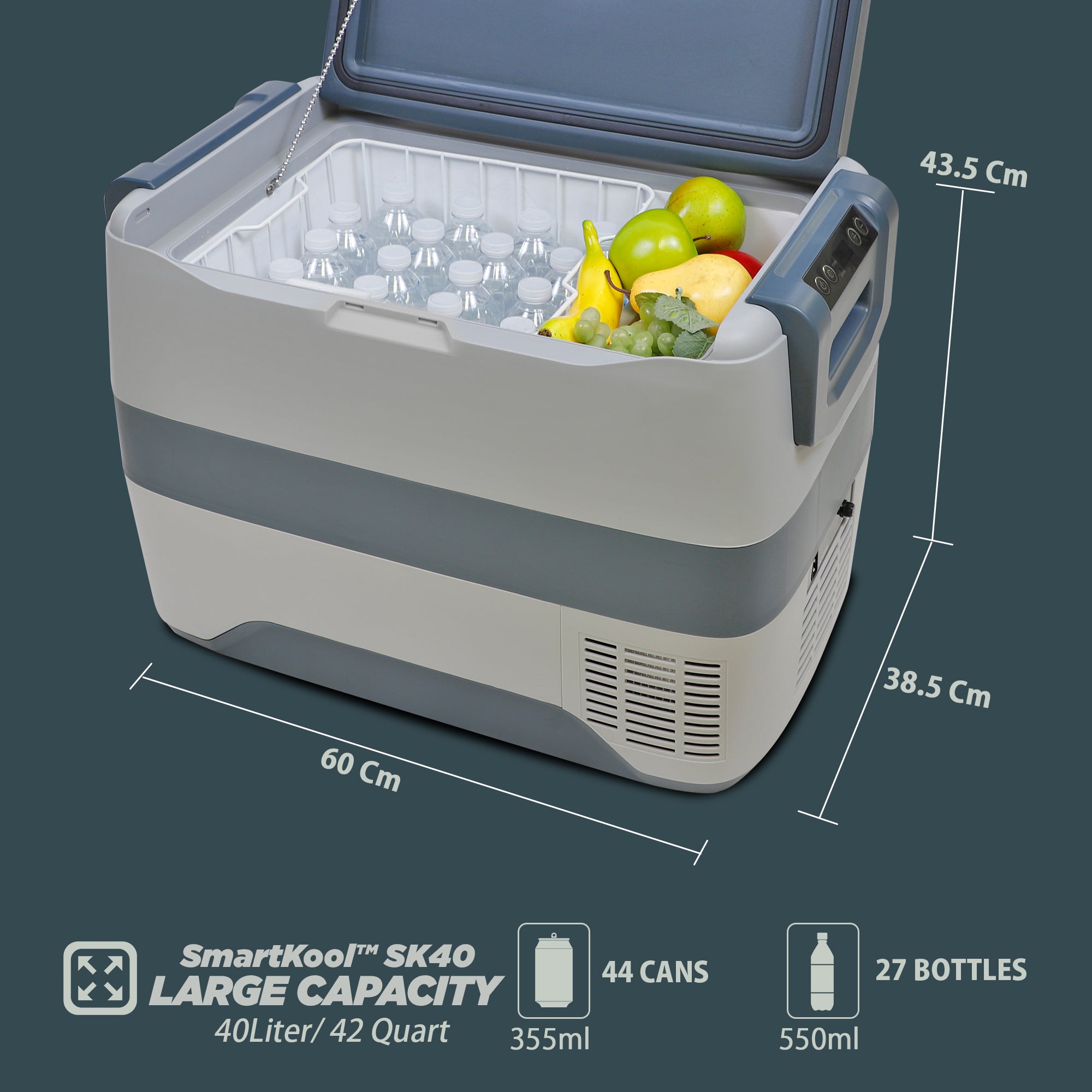Product shot of 12V portable fridge, open and filled with water bottles, on a white background with dimensions and capacity listed