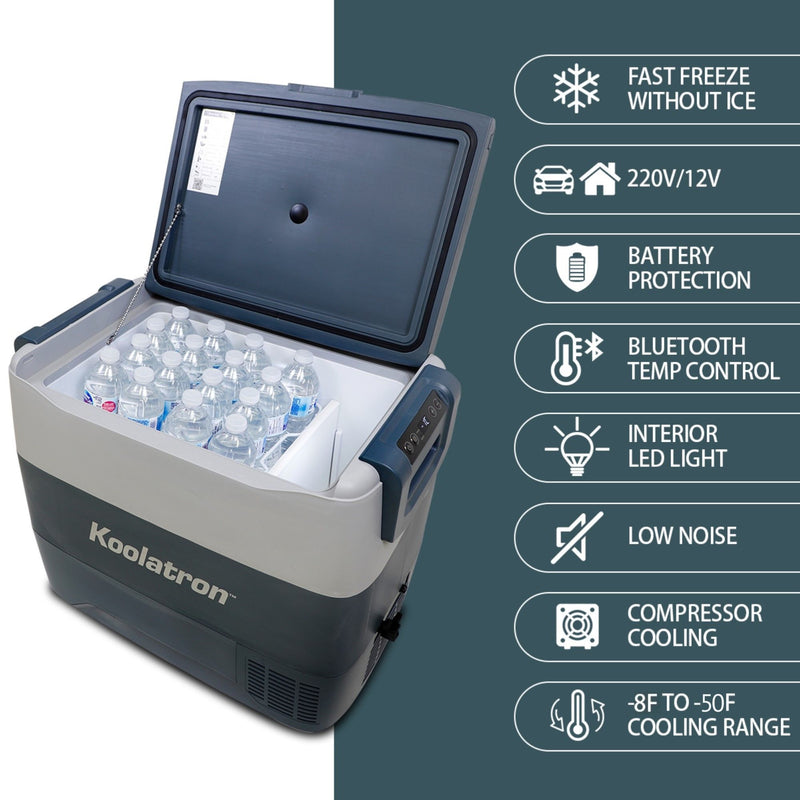 Product shot of 12V portable fridge, open and filled with water bottles, on a white background with features listed to the right: Fast freeze without ice; 220V/12V; battery protection; Bluetooth temp control; interior LED light; low noise; compressor cooling; -8F to -50F cooling range