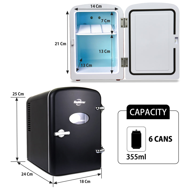 Two product shots of Koolatron retro 4L mini fridge, open and closed, on a white background, with interior and exterior dimensions labeled. Inset text and icons describes: Capacity - 6 cans 355 mL