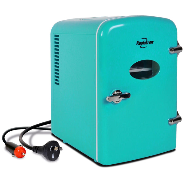 Product shot of Koolatron retro 4L mini fridge, closed, with AC and DC power cords visible, on a white background