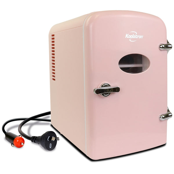 Product shot of Koolatron retro 4L mini fridge, closed, with AC and DC power cords visible, on a white background